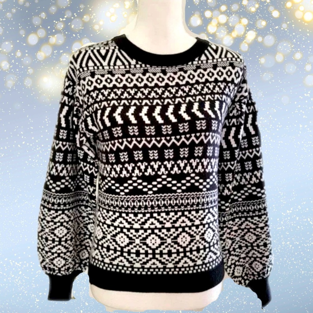 Fair Isle Balloon Black and White Sleeve Sweater by Truth By Republic